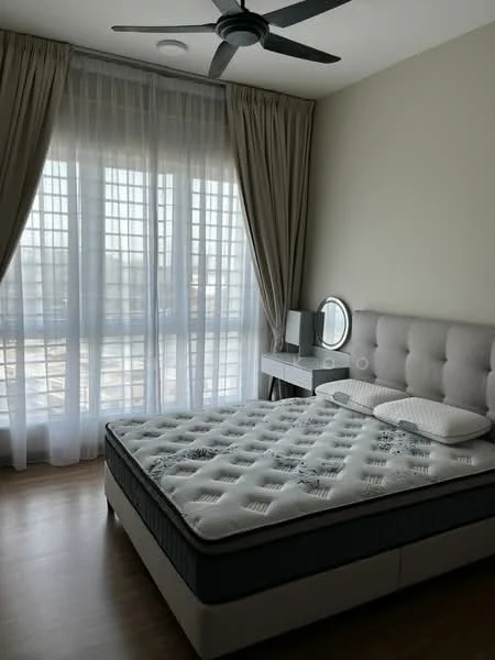 Bedroom features: queen-size bed with upholstered headboard, white bedding, wooden flooring, floor-to-ceiling windows, sheer curtains, wall-mounted mirror, nightstand with lamp, ceiling fan with light; style: modern.