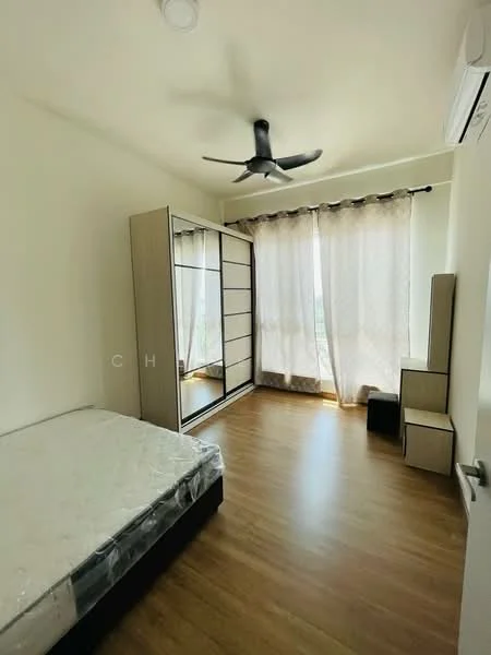 Bedroom features: wooden flooring, white painted walls, 5-blade ceiling fan, floor-to-ceiling windows with sheer curtains, built-in wardrobe with sliding doors, bedside table, queen-size bed, natural light from windows; style: modern; view: city.