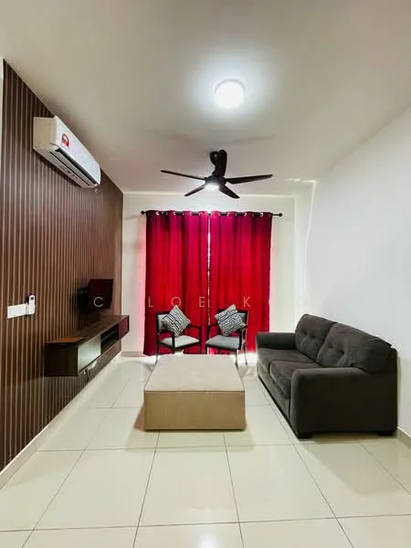 Living features: 3-seater fabric sofa in grey, coffee table, wall-mounted TV, TV console, 5-blade ceiling fan with light, wall-mounted air conditioning unit, red curtains, white painted walls, glossy tile flooring, wood panel accent wall, recessed lighting; style: modern.