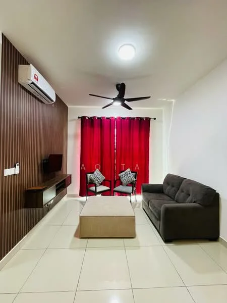 Living features: grey fabric 3-seater sofa, coffee table with beige upholstery, wall-mounted TV, wooden TV console, 1 wall-mounted split AC, 5-blade ceiling fan with light, white painted walls, cream tiled flooring, red curtains, 2 accent chairs; style: modern.