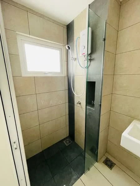 Bathroom features: walk-in shower with glass enclosure, chrome handheld shower, wall-mounted water heater, tile cladding on walls, grey floor tiles, white sink, window for natural light, drainage grate on floor; style: modern.