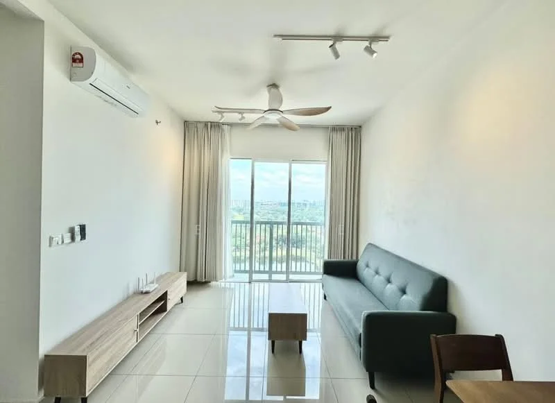 Living features: 5-blade ceiling fan with light, wall-mounted split AC, floor-to-ceiling windows, sliding glass door, sheer curtains, grey fabric sofa, wooden TV console, white painted walls, glossy tile flooring, track lighting, coffee table, wooden dining chair; style: modern; view: city.