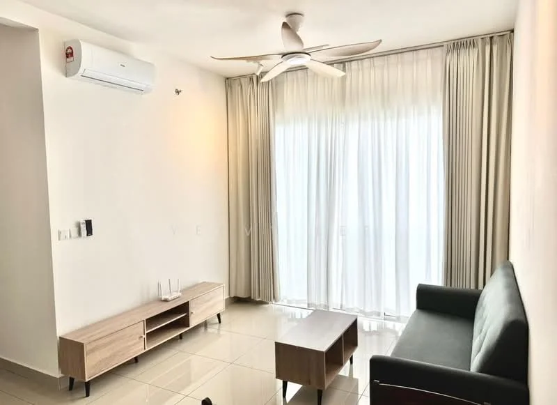 Living features: 3-seater fabric sofa in grey, wooden coffee table, TV console with open shelving, floor-to-ceiling windows, sheer curtains, wall-mounted split AC, light-colored tiled flooring, ceiling fan with light, neutral painted walls; style: modern.