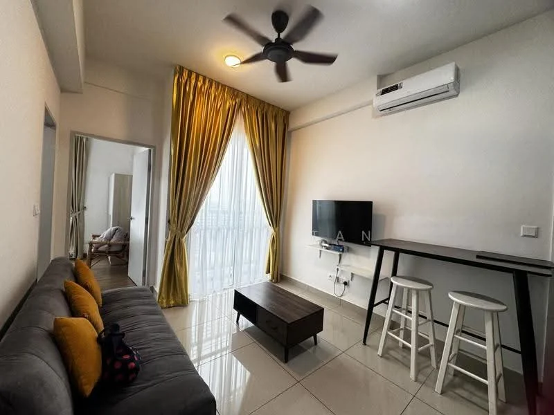 Living features: 3-seater fabric sofa in grey, yellow accent cushions, wood coffee table, 2 white bar stools, wall-mounted TV, air conditioning unit, floor-to-ceiling windows with sheer curtains, recessed ceiling lights, glossy tile flooring, decorative wall with light-colored paint, ceiling fan; style: modern.