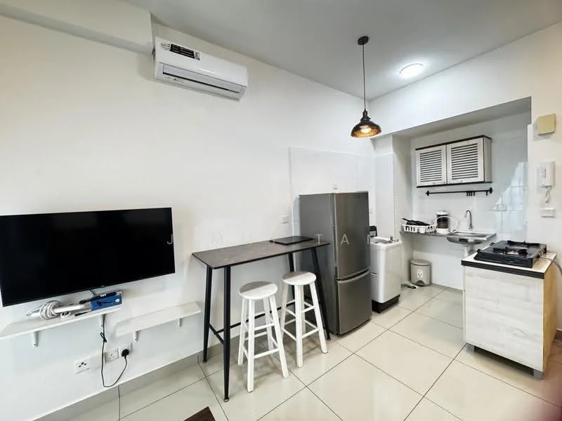 Kitchen features: white painted walls, ceramic tile flooring, recessed downlights, 5-blade ceiling fan, stainless-steel fridge, freestanding range oven, built-in microwave, single-bowl stainless-steel sink, chrome pull-down faucet, white cabinetry with louvered doors, countertop with space for appliances, wall-mounted split AC, TV mounted on wall, bar stools; style: modern.