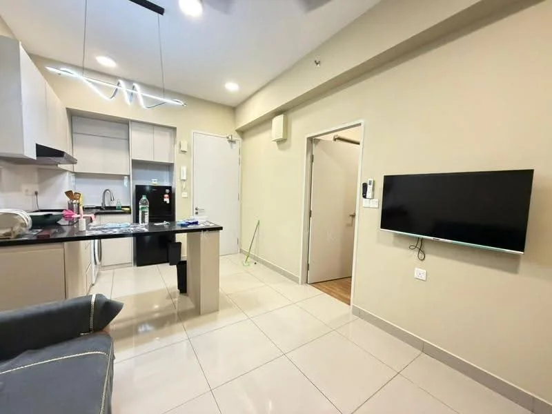 Living features: grey fabric sofa, black countertop, white cabinetry, stainless-steel sink, built-in oven, refrigerator, wall-mounted TV, tile flooring, recessed downlights, pendant light fixture, cream painted walls, door to hallway, open layout; style: modern.