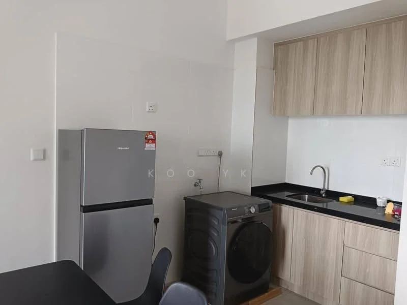 Kitchen features: stainless-steel fridge, front-load washing machine, black countertop, wood cabinetry, single-bowl stainless-steel sink, chrome pull-down faucet, white painted walls, tile flooring; style: modern.