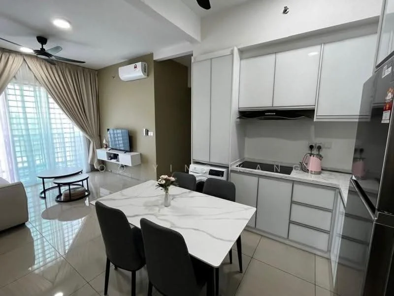 Kitchen features: white cabinetry, marble countertop, stainless-steel sink, chrome pull-down faucet, built-in oven, freestanding range oven, microwave, refrigerator, tile flooring, recessed downlights; style: modern. Living features: 3-seater fabric sofa in beige, coffee table, wall-mounted TV, floor-to-ceiling windows with sheer curtains, ceiling fan, tile flooring; style: modern.