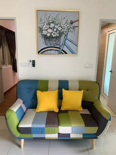 Living features: multicolored fabric sofa, two yellow throw pillows, framed artwork with floral design, white painted walls, tile flooring, floor-to-ceiling window with curtain, wall-mounted intercom, door leading to hallway; style: modern.