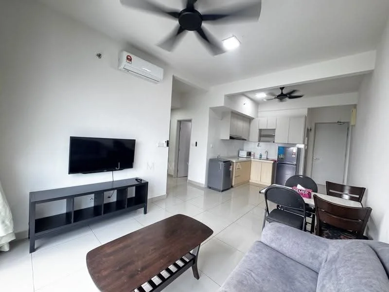 Living features: grey fabric sofa, 3-seater sofa, wood coffee table, wall-mounted TV, TV console, 2 ceiling fans, white painted walls, tile flooring, air conditioning unit, dining table with 4 chairs, kitchenette with cabinets, stainless-steel fridge, built-in oven, microwave; style: modern.