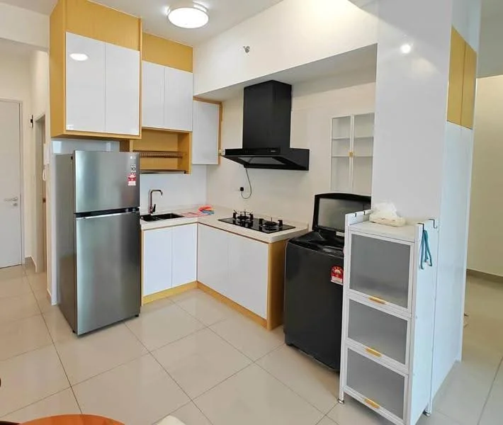 Kitchen features: white cabinetry with yellow accents, stainless-steel fridge, built-in gas hob with 4 burners, black range hood, single-bowl stainless-steel sink, chrome pull-down faucet, white tiled backsplash, ceramic tile flooring, countertop with integrated workspace, microwave, black washing machine, open shelving, under-cabinet lighting, wall-mounted storage; style: modern.