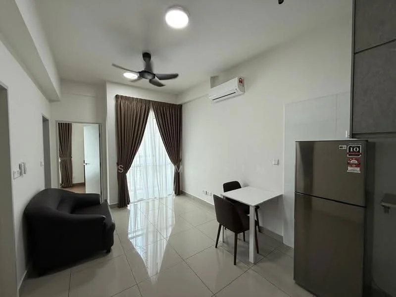Living features: 5-blade ceiling fan with light, wall-mounted split AC, floor-to-ceiling windows with sheer curtains, white painted walls, glossy ceramic tile flooring, sofa in dark grey fabric, dining table for two with chairs, refrigerator in stainless steel; style: modern.