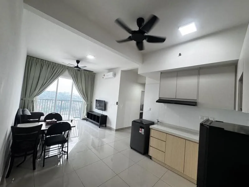 Living features: white painted walls, glossy tile flooring, 5-blade ceiling fan with light, floor-to-ceiling windows, curtains, dining table with 4 chairs, wall-mounted TV, black TV console, refrigerator, kitchen cabinetry, stainless-steel sink, countertop, kitchen appliances; style: modern; view: city.