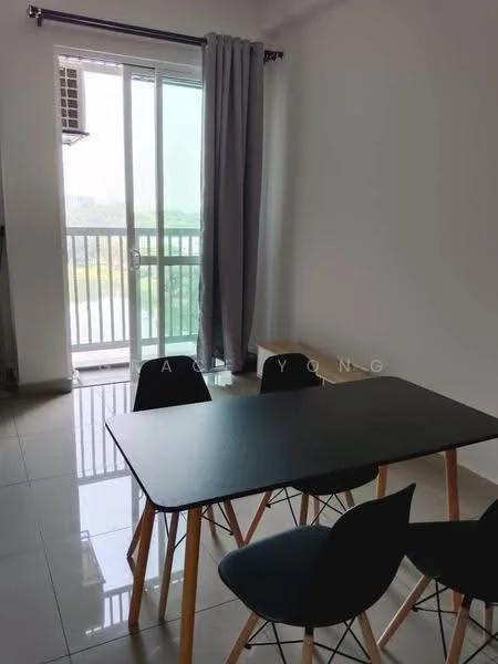 Dining features: black dining table, 4 black chairs, floor-to-ceiling sliding glass door, grey curtains, white painted walls, glossy tile flooring, air conditioning unit, outdoor view; style: modern; view: garden.