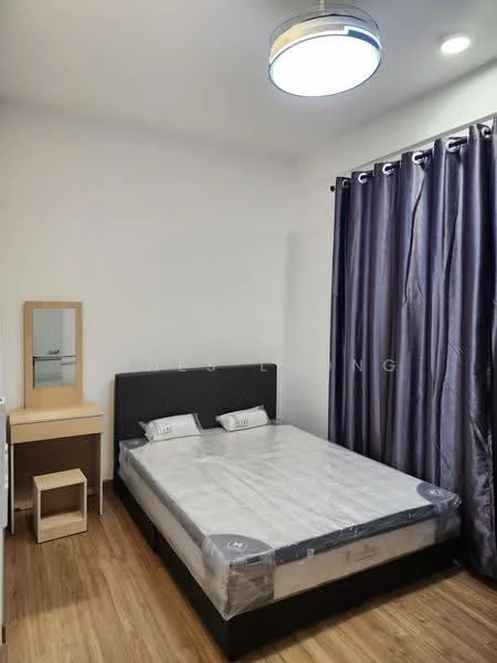 Bedroom features: queen-size bed, upholstered headboard, bedside lamps, wooden flooring, white painted walls, dark purple curtains, ceiling light fixture, dressing table with mirror, small bedside table; style: modern.