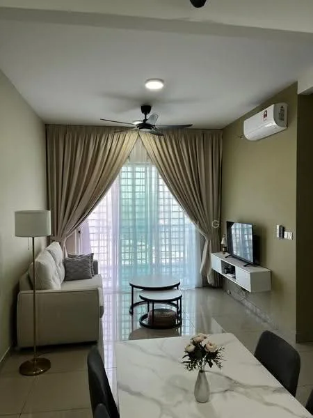 Living features: 3-seater fabric sofa in white, coffee table, wall-mounted TV, TV console, 5-blade ceiling fan with light, floor-to-ceiling windows, sheer curtains, marble tile flooring, light grey painted walls, decorative wall art, air conditioning unit; style: modern.