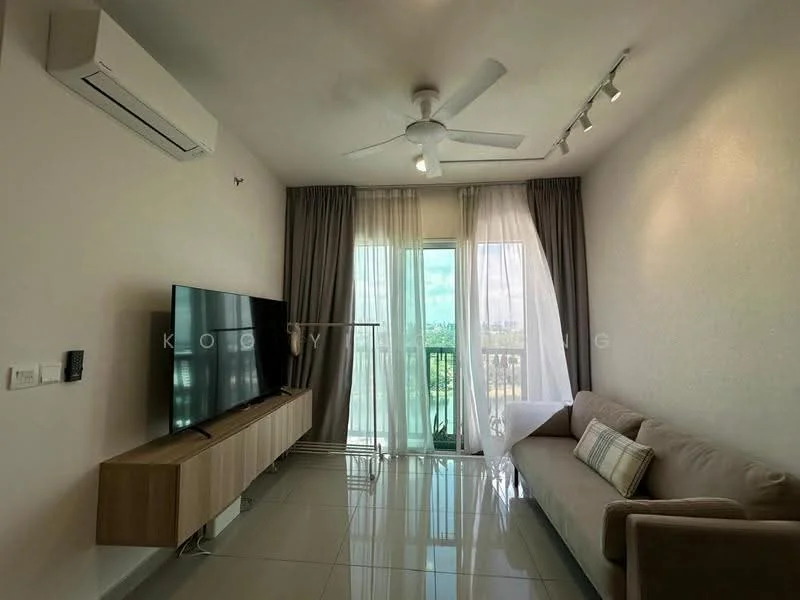 Living features: 5-blade ceiling fan with light, wall-mounted TV, TV console in light wood, sofa in beige fabric, large floor-to-ceiling window, sheer curtains, blackout curtains, glossy tile flooring, recessed LED downlights, decorative wall with light texture; style: modern; view: city.