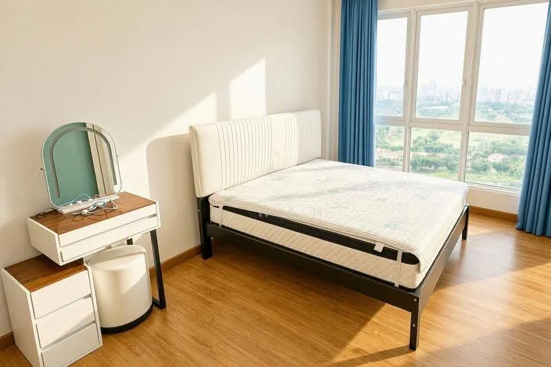Bedroom features: queen-size bed, upholstered headboard, wooden bedside table, white drawer cabinet, vanity mirror, curtains, large window with city view, laminate flooring; style: modern; view: city.