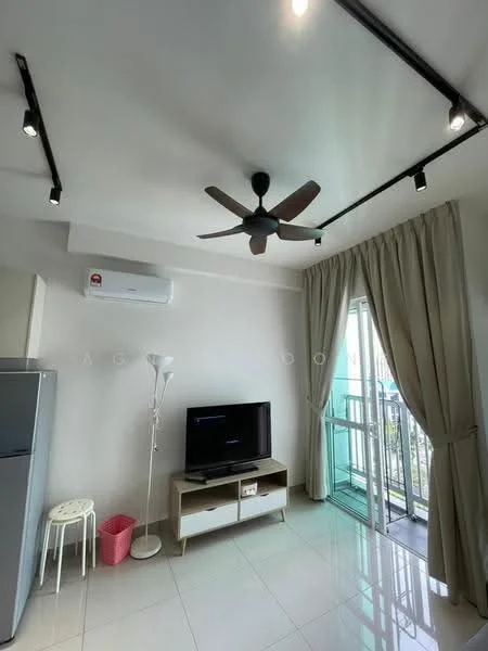 Living features: 5-blade ceiling fan, wall-mounted split AC, floor-to-ceiling windows, sliding glass door, curtains, TV console, wall-mounted TV, light floor tiles, decorative lamp, white walls, wooden shelving unit; style: modern; view: city.