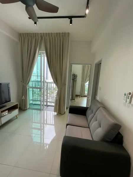 Living features: 3-seater fabric sofa in grey, floor-to-ceiling windows, sheer curtains, wall-mounted TV, TV console, recessed LED downlights, 5-blade ceiling fan with light, glossy tile flooring, balcony door, decorative wall panel, neutral painted walls; style: modern; view: city.