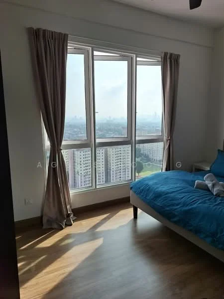 Bedroom features: king-size bed with blue bedding, floor-to-ceiling windows, curtains in beige, wooden flooring, decorative wall, nightstand, table lamp, view of city skyline; style: modern; view: city.