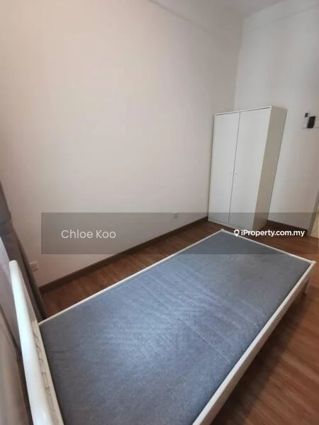 Bedroom features: single bed frame without mattress, wooden flooring, white painted walls, built-in wardrobe with sliding doors, window with no visible treatment, light fixture on ceiling; style: minimalist.