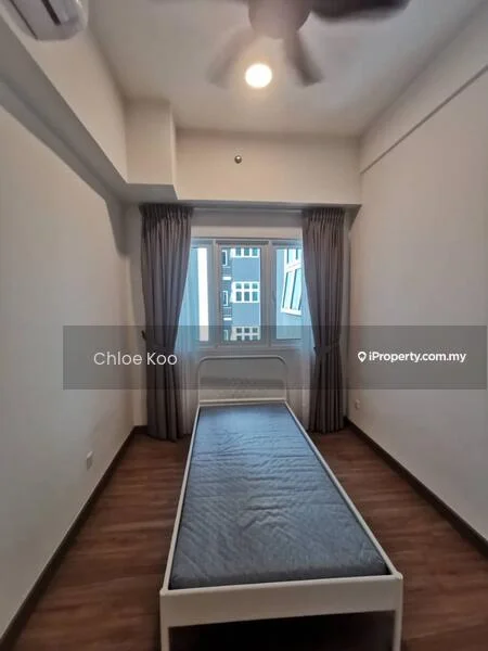 Bedroom features: single bed frame without mattress, wooden flooring, white painted walls, curtains, ceiling fan, floor-to-ceiling window, air conditioning unit, built-in wardrobe; style: modern.