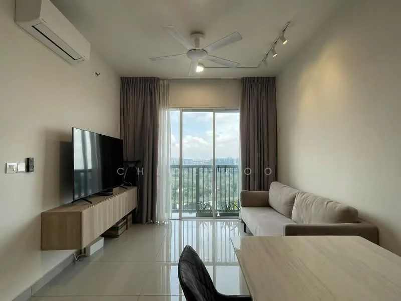 Living features: 5-blade ceiling fan with light, wall-mounted TV, TV console in light wood, sofa in beige fabric, large sliding glass door, floor-to-ceiling windows, curtains in grey fabric, light-colored tiled flooring, recessed downlights; style: modern; view: city.