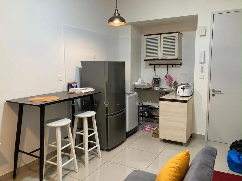 Kitchen features: stainless-steel fridge, white cabinetry with wooden accents, black countertop, kitchen island with bar stools, microwave, rice cooker, kettle, wall-mounted hooks, white tiled backsplash, ceramic tile flooring, pendant light fixture, open shelving, sink, cooking utensils; style: modern.