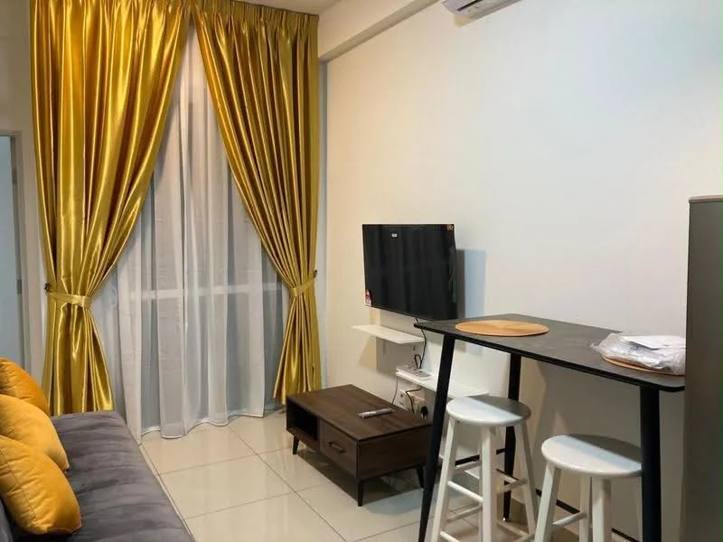 Living features: grey fabric sofa, yellow curtains, white sheer curtains, wall-mounted TV, wooden TV console, small dining table, 2 white bar stools, glossy tile flooring, air conditioning unit; style: modern.