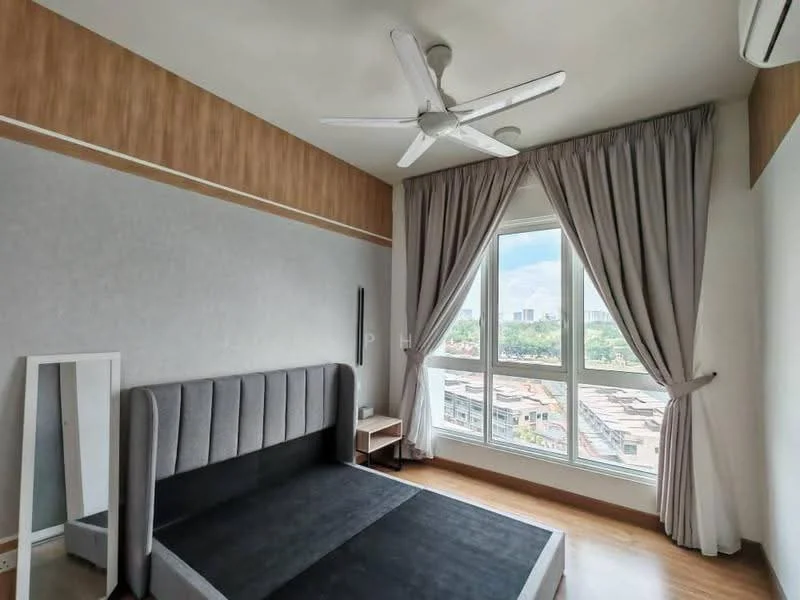 Bedroom features: queen-size bed frame without mattress, upholstered headboard, 5-blade ceiling fan with light, floor-to-ceiling windows, sheer curtains, blackout curtains, wooden flooring, light grey wallpaper, wood panel accent wall, mirror, air conditioning unit; style: modern; view: city.
