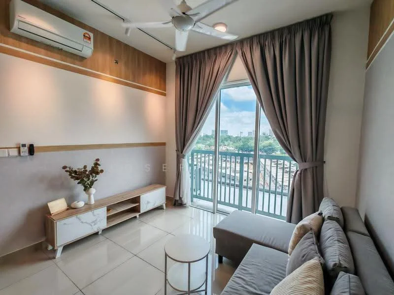 Living features: 3-seater fabric sofa in grey, wall-mounted TV, TV console, coffee table, floor-to-ceiling windows, sliding glass door, curtains, wall-mounted split AC, recessed downlights, cream painted walls, glossy tile flooring, decorative plant in vase, ceiling fan; style: modern; view: city.