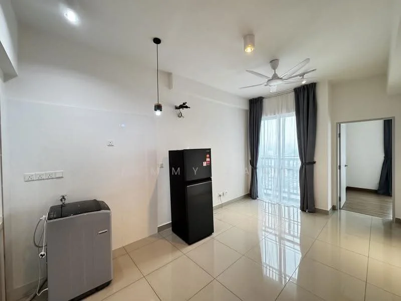 Room features: white painted walls, glossy tile flooring, ceiling fan with light, recessed downlights, black refrigerator, washing machine, floor-to-ceiling windows, curtains, doorway leading to another room; style: modern.