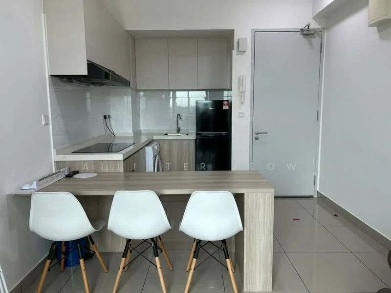 Kitchen features: white cabinets, grey countertop, single-bowl stainless-steel sink, chrome pull-down faucet, built-in oven, stainless-steel fridge, ceramic tile flooring, white tiled backsplash, 3 high-backed dining chairs, open layout, wall-mounted cabinets, recessed lighting; style: modern.