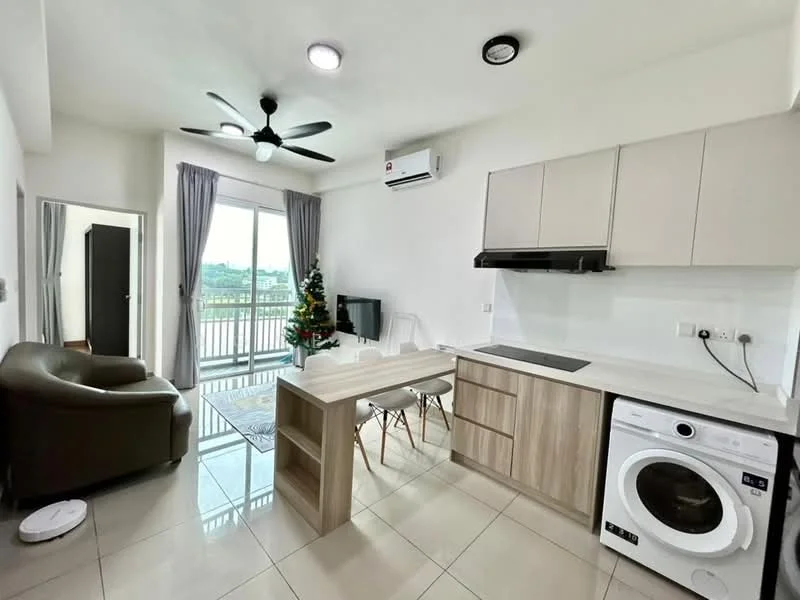Living features: 3-blade ceiling fan with light, wall-mounted TV, sofa in brown leather, coffee table, dining table with 2 chairs, white walls, tile flooring, sliding glass door, curtains in grey, built-in cabinetry, washing machine, refrigerator, air conditioning unit; style: modern; view: city.