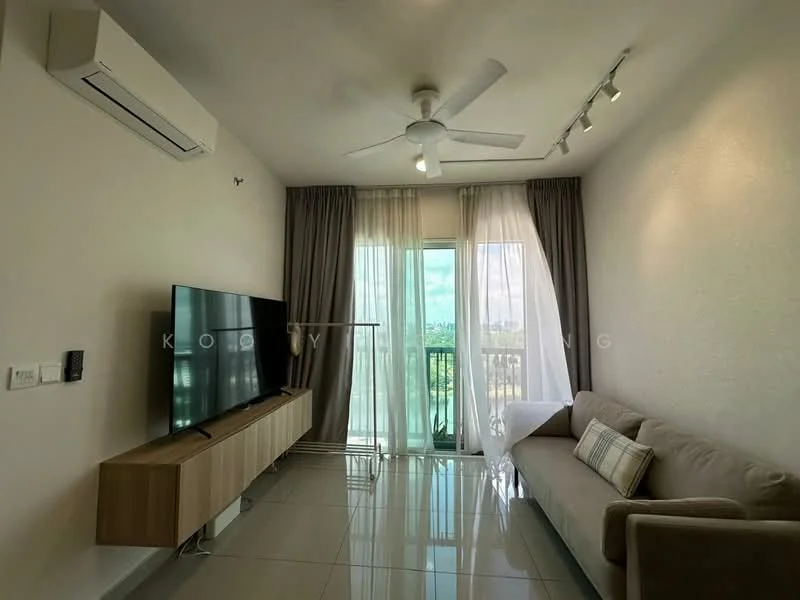 Living features: 3-seater fabric sofa in light beige, wall-mounted TV, TV console in light wood, floor-to-ceiling windows, sheer curtains, blackout curtains, recessed LED downlights, 5-blade ceiling fan with light, glossy tile flooring, balcony door, decorative wall art; style: modern; view: city.