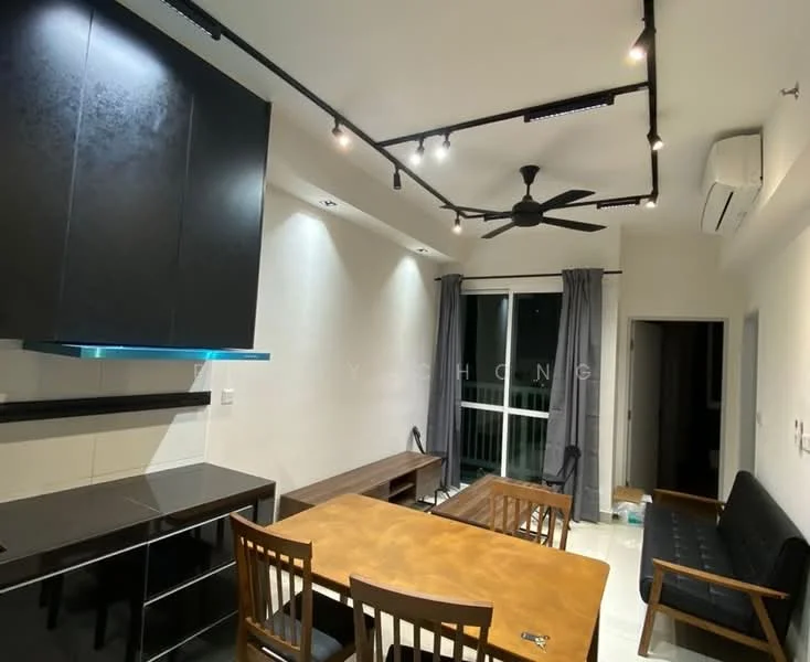 Dining features: black cabinetry, wood dining table, wood dining chairs, recessed LED downlights, 5-blade ceiling fan with light, wall-mounted split AC, floor-to-ceiling windows, grey curtains, white walls, tile flooring; style: modern.