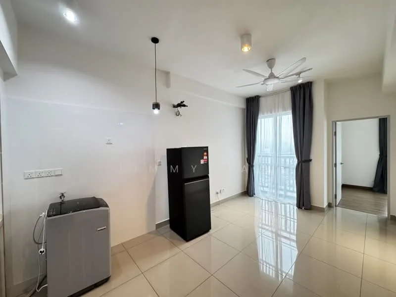 Room features: white painted walls, glossy tile flooring, 5-blade ceiling fan with light, recessed downlights, black fridge, washing machine, floor-to-ceiling windows, curtains, doorway leading to another room; style: modern.