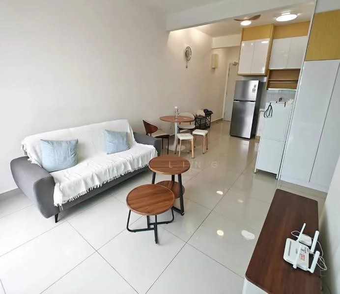 Living features: 3-seater fabric sofa in grey, white throw blanket on sofa, 2 round wooden coffee tables, wall-mounted clock, white painted walls, glossy tile flooring, recessed downlights, built-in cabinetry, stainless-steel fridge, kitchen cabinetry with white finish, open-plan layout with dining area; style: modern.