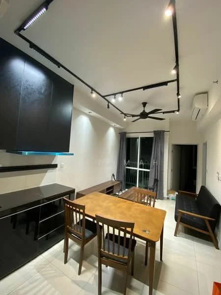 Dining features: black cabinetry, white walls, recessed downlights, 5-blade ceiling fan with light, dining table with 4 wooden chairs, black sofa, floor-to-ceiling windows, curtains, air conditioning unit, tile flooring; style: modern.
