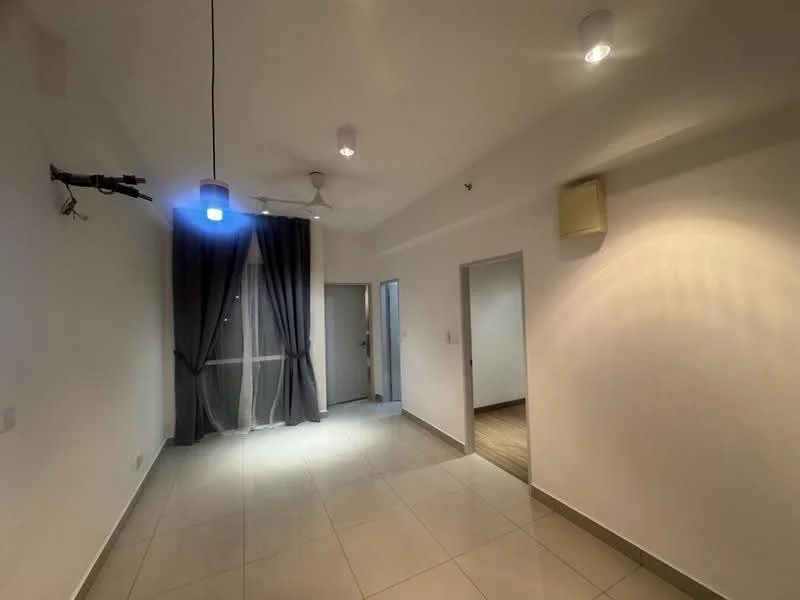 Room features: white painted walls, grey tiled flooring, recessed downlights, ceiling fan, floor-to-ceiling windows with sheer curtains, doorway leading to another room, doorway leading to balcony, light switch, air conditioning unit; style: modern.