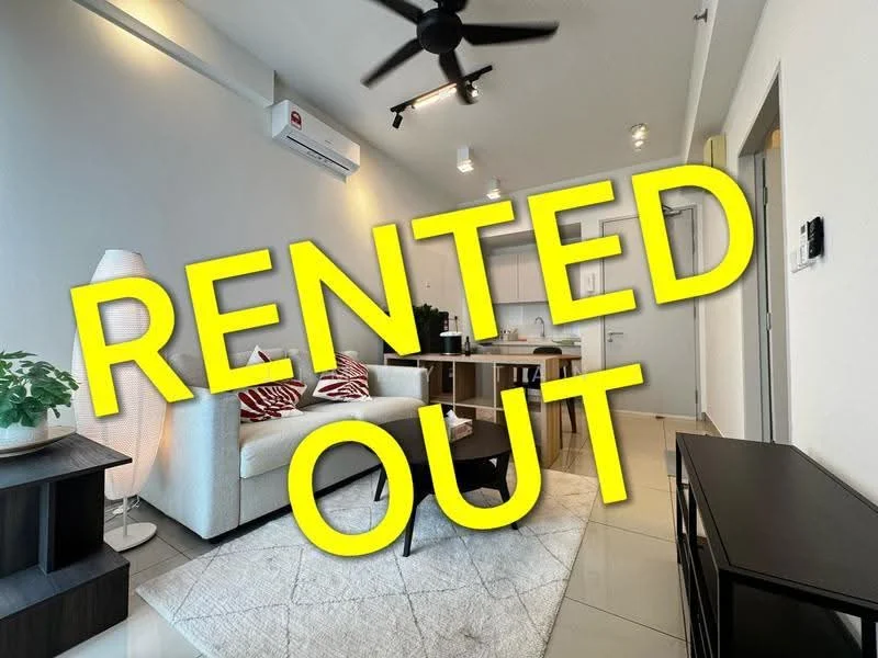Living features: white painted walls, polished tile flooring, 5-blade ceiling fan with light, sofa in white fabric, decorative throw pillows in red and white, coffee table in black, TV console in black, area rug with geometric pattern, potted plant on side table, recessed ceiling lights, wall-mounted air conditioning unit; style: modern.
