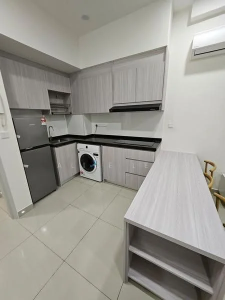 Kitchen features: grey laminate cabinetry, black granite countertop, stainless-steel fridge, front-load washing machine, built-in oven, ceramic tile flooring, wall-mounted split AC, single-bowl stainless-steel sink, chrome pull-down faucet, open shelving, kitchen island with seating; style: modern.