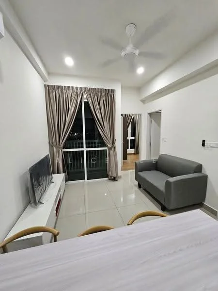 Living features: grey fabric sofa, white TV console, wall-mounted TV, recessed LED downlights, ceiling fan, floor-to-ceiling windows, curtains in beige, glossy tile flooring; style: modern; view: city. Room features: white painted walls, doorway leading to another room.