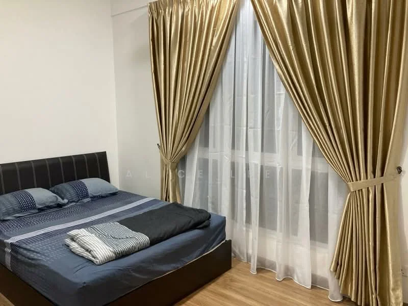 Bedroom features: king-size bed with upholstered headboard, bedding in blue and white stripes, two decorative pillows, wooden flooring, floor-to-ceiling windows, sheer white curtains, golden drapes, nightstand, wall-mounted light fixture; style: modern.