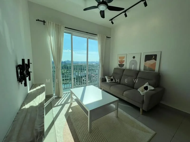 Living features: 3-seater fabric sofa in grey, white coffee table, area rug with neutral pattern, floor-to-ceiling windows, curtains, ceiling fan with light, wall-mounted TV, decorative wall art; style: modern; view: city.