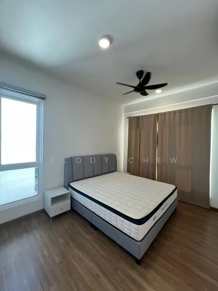Bedroom features: queen-size bed, upholstered headboard, wooden flooring, floor-to-ceiling window, sheer curtains, ceiling fan, nightstand, decorative wall, neutral wall color; style: modern.