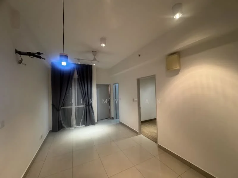 Room features: white painted walls, grey tiled flooring, recessed downlights, ceiling fan, floor-to-ceiling windows with sheer curtains, doorway leading to another room, doorway leading to hallway, light switch, air conditioning unit; style: modern.