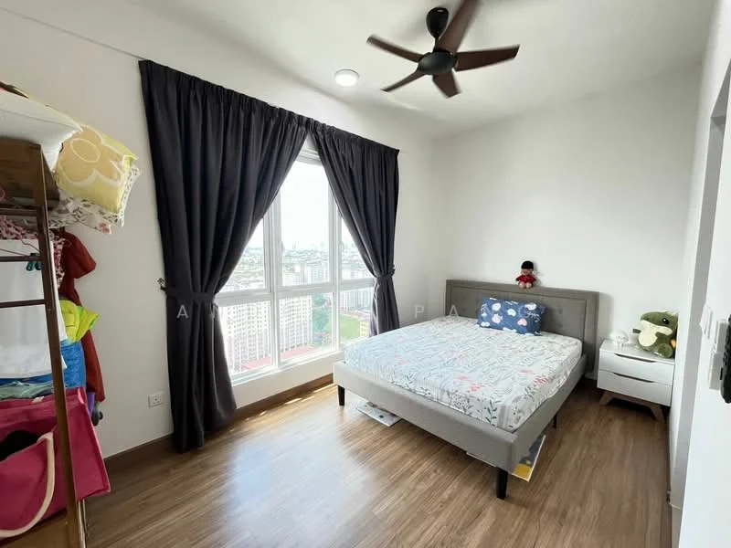Bedroom features: queen-size bed, upholstered headboard, bedside table, floor-to-ceiling window, blackout curtains, wooden flooring, ceiling fan, decorative plush toys, wall-mounted decor, light fixture; style: modern; view: city.