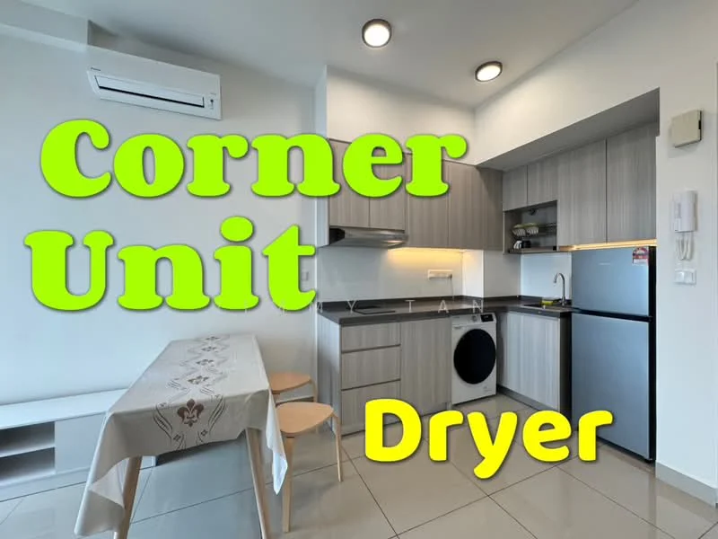 Kitchen features: white cabinetry, grey laminate countertops, stainless-steel fridge, built-in oven, stainless-steel range hood, single-bowl stainless-steel sink, chrome pull-down faucet, washing machine, dryer, tile flooring, recessed downlights, wall-mounted split AC; style: modern.